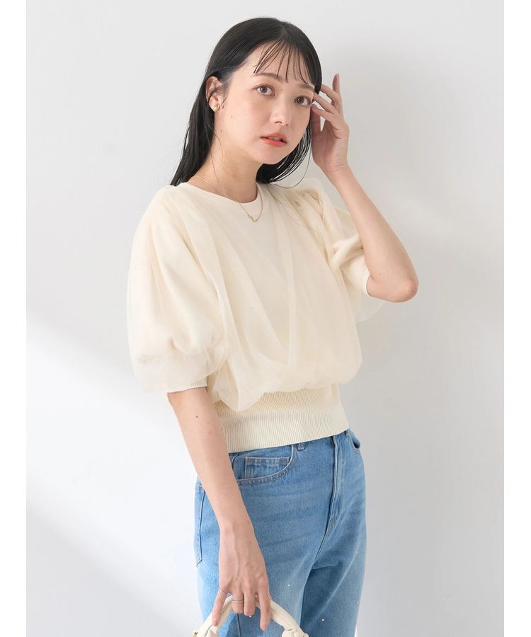 earth music&ecology「チュールドッキング半袖ニットプルオーバー」|ニット・セーター|