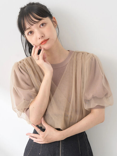 earth music&ecology「チュールドッキング半袖ニットプルオーバー」|ニット・セーター|