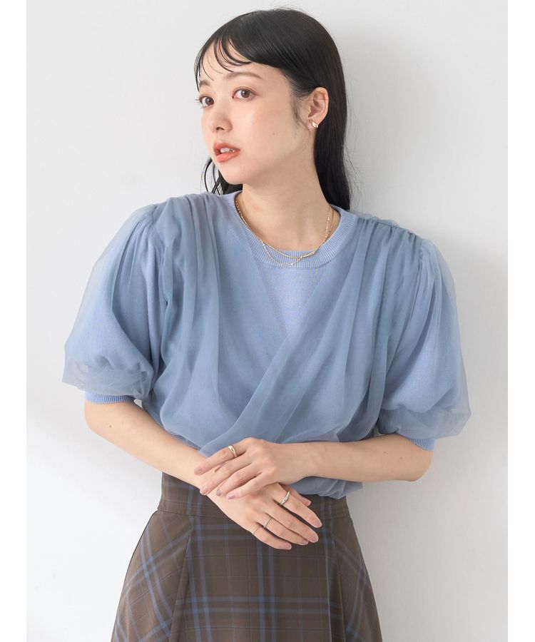 earth music&ecology「チュールドッキング半袖ニットプルオーバー」|ニット・セーター|Blue