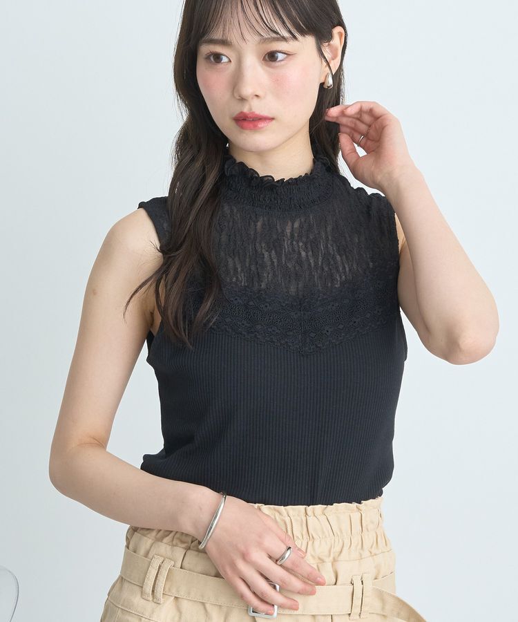 earth music&ecology「レースドッキングタンクトップ」|キャミソール|Black