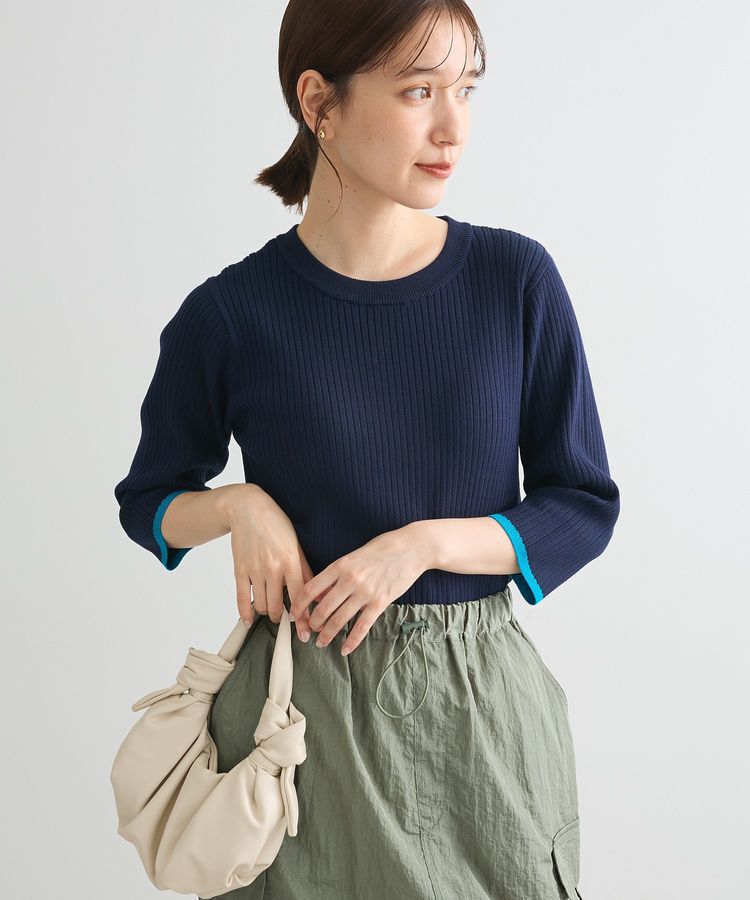 Green Parks「BEST PRICE 袖口カラーリブ7分袖ニットプルオーバー」|ニット・セーター|
