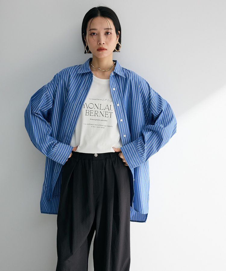 Green Parks「ラメストライプタックシャツチュニック」|シャツ・ブラウス|Blue