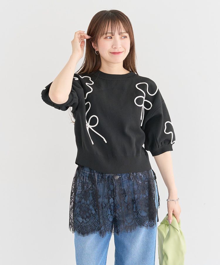 Green Parks「・ELENCARE DUE ライン刺繍5分袖ニット」|ニット・セーター|