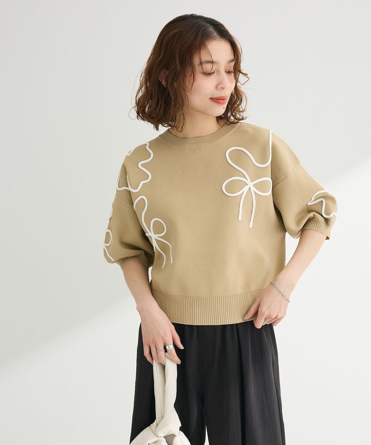 Green Parks「・ELENCARE DUE ライン刺繍5分袖ニット」|ニット・セーター|Beige