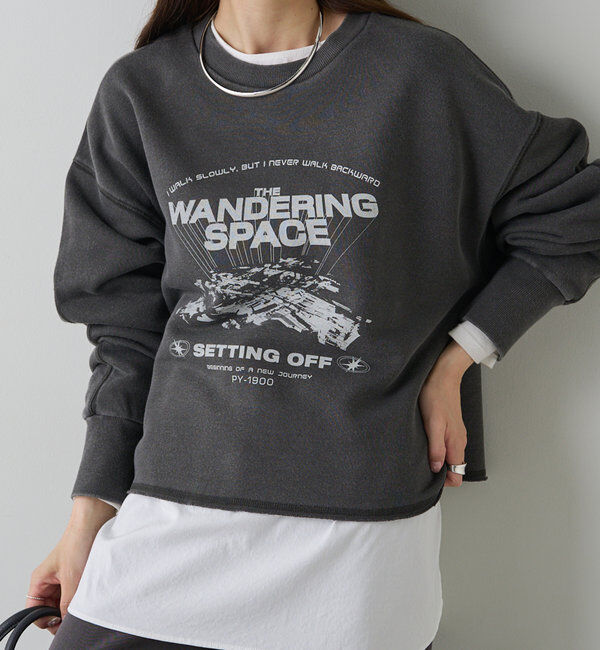  「ヴィンテージライクスペースプリント裏起毛スウェット」|プルオーバー|チャコールグレー