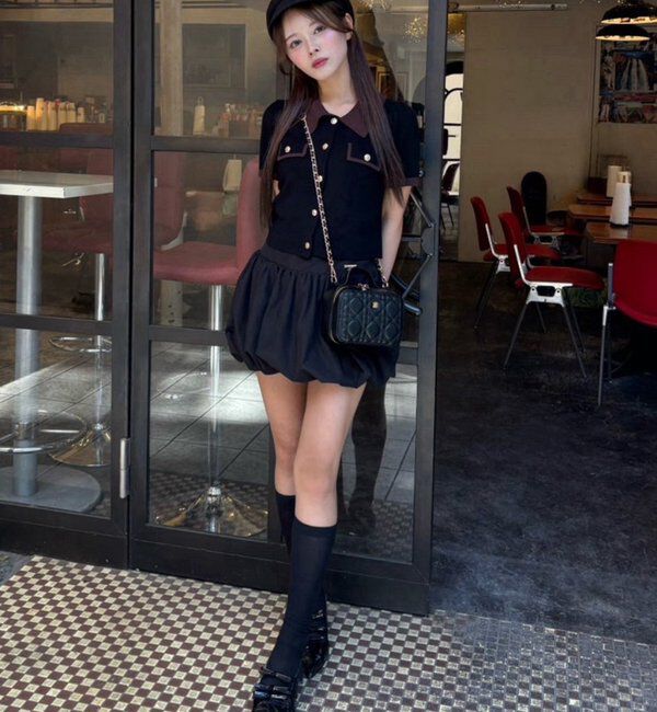  「金ボタン配色衿ニットトップス」|ニット・セーター|