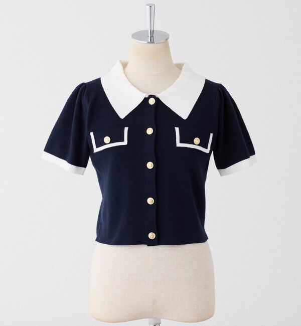  「金ボタン配色衿ニットトップス」|ニット・セーター|