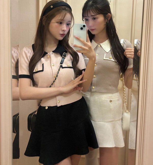  「金ボタン配色衿ニットトップス」|ニット・セーター|