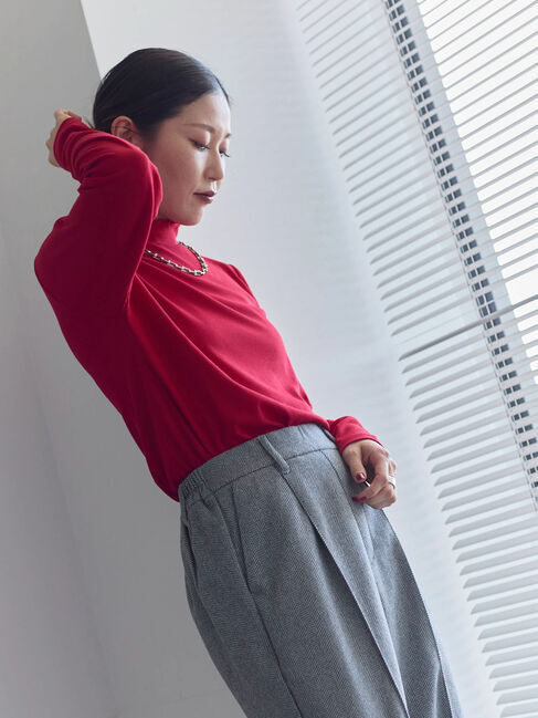 Samansa Mos2 blue「【吸湿発熱】リブフリル衿PO」|Tシャツ・カットソー|