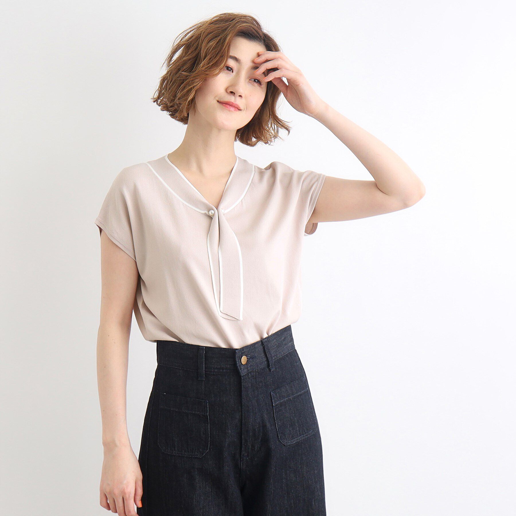 grove「【接触冷感／UV／抗ピル】取り外しパール調ピン付きボウタイニット」|ニット・セーター|