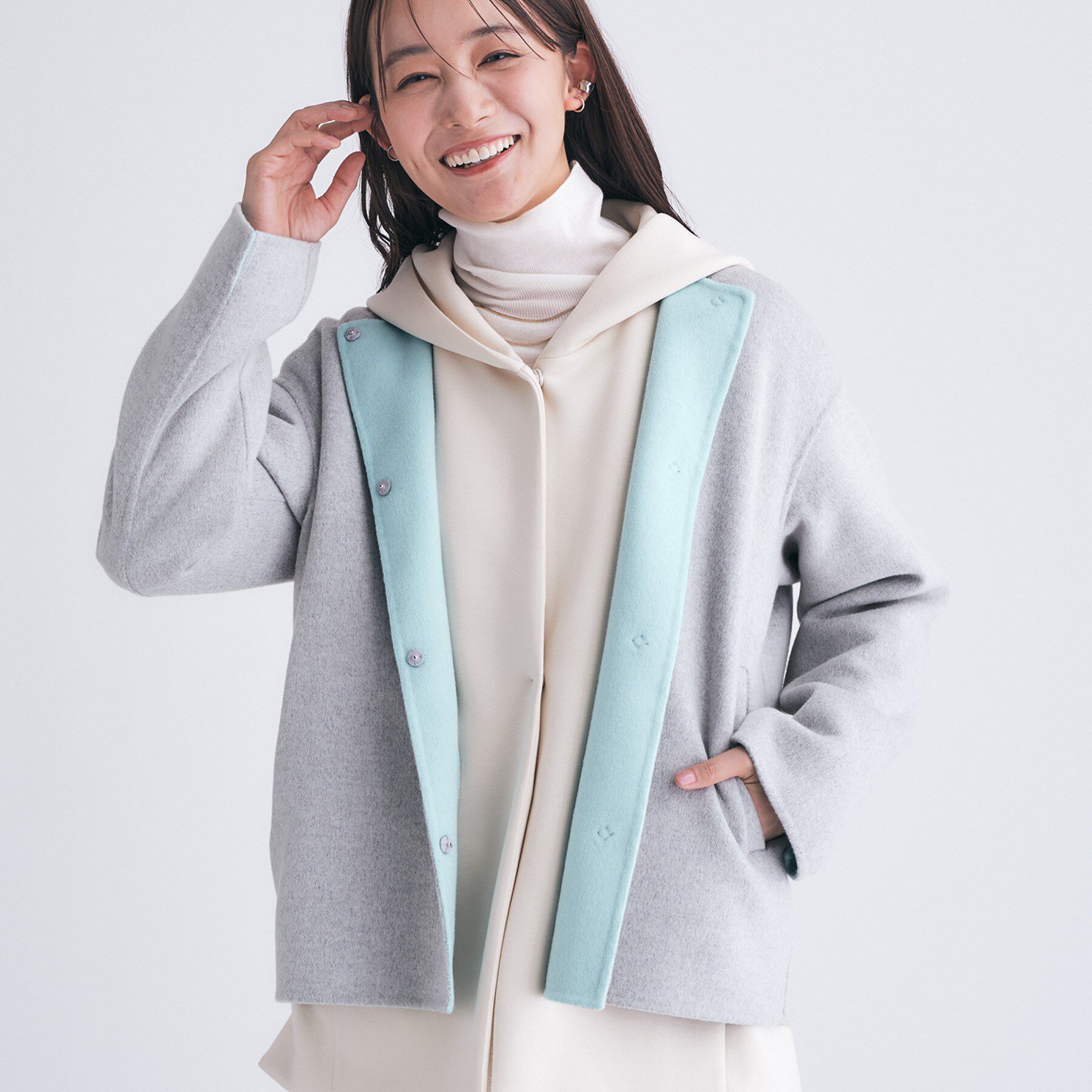 配色デザイン／ショート丈】ウールリバー ノーカラーコート（INDIVI