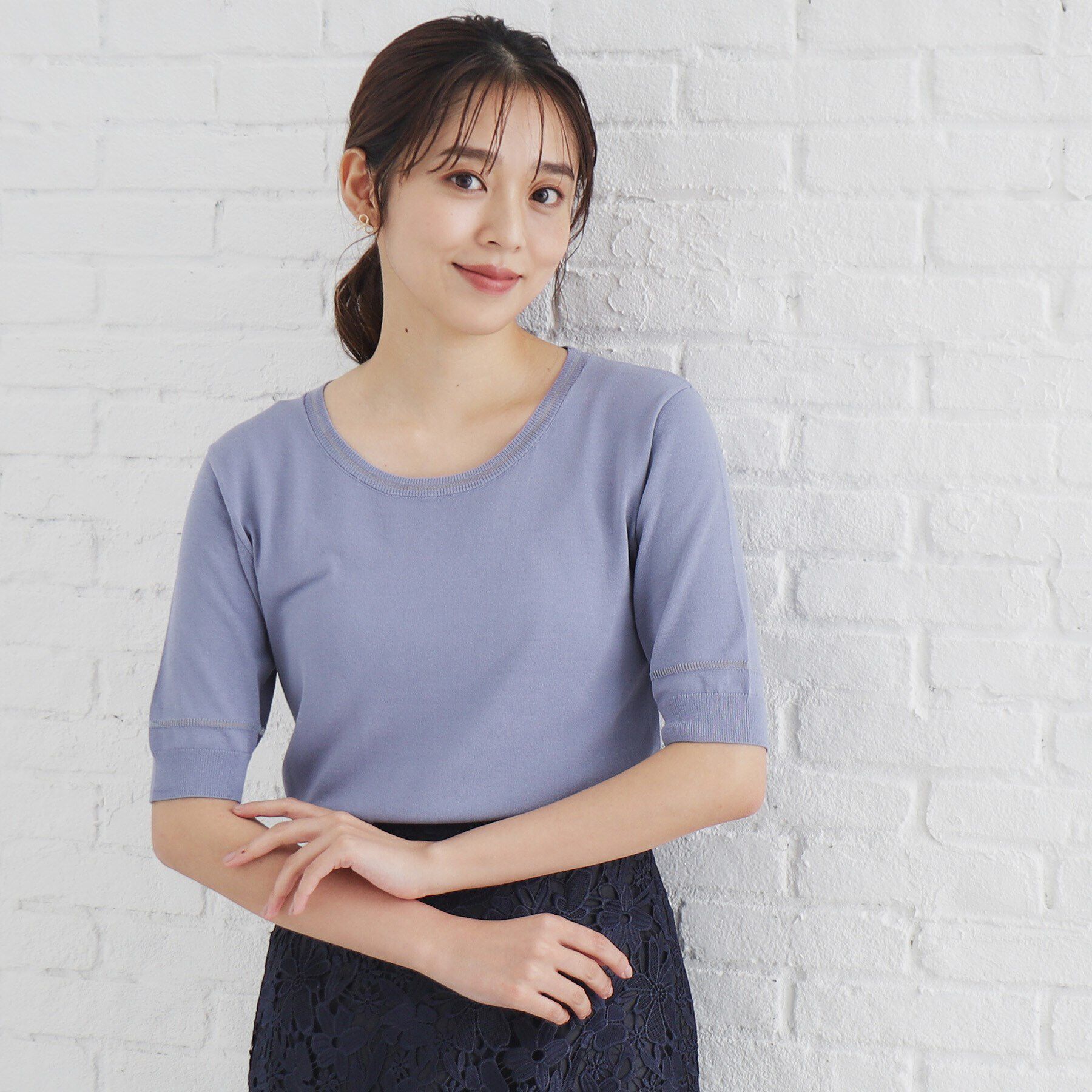 index「シアーラインデザインクルーネックニット/アンサンブル対応【洗濯機洗い可】」|ニット・セーター|ブルー(091)