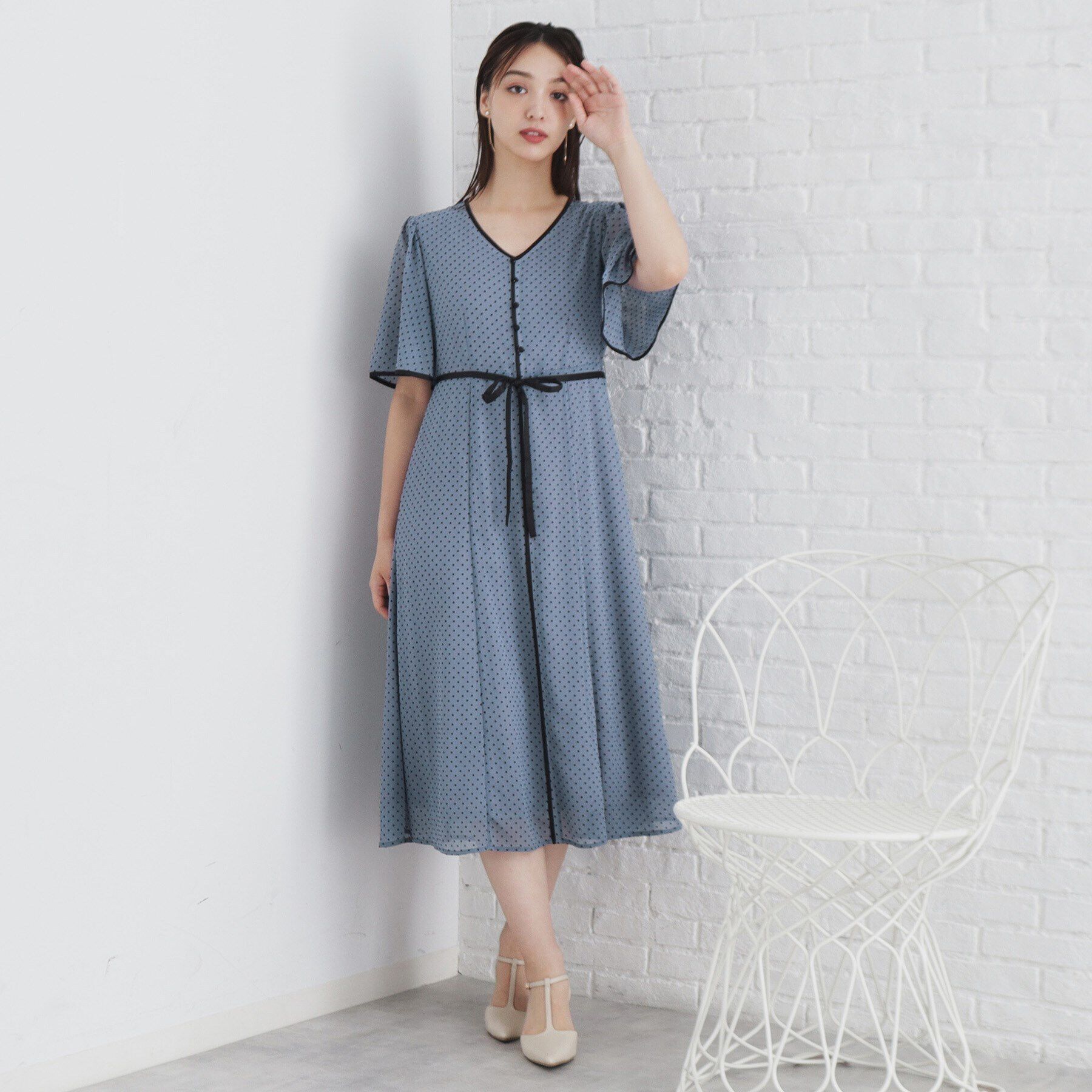 index「フロッキードットバイカラーフレアワンピース【洗濯機洗い可/防シワ】」|ワンピース|