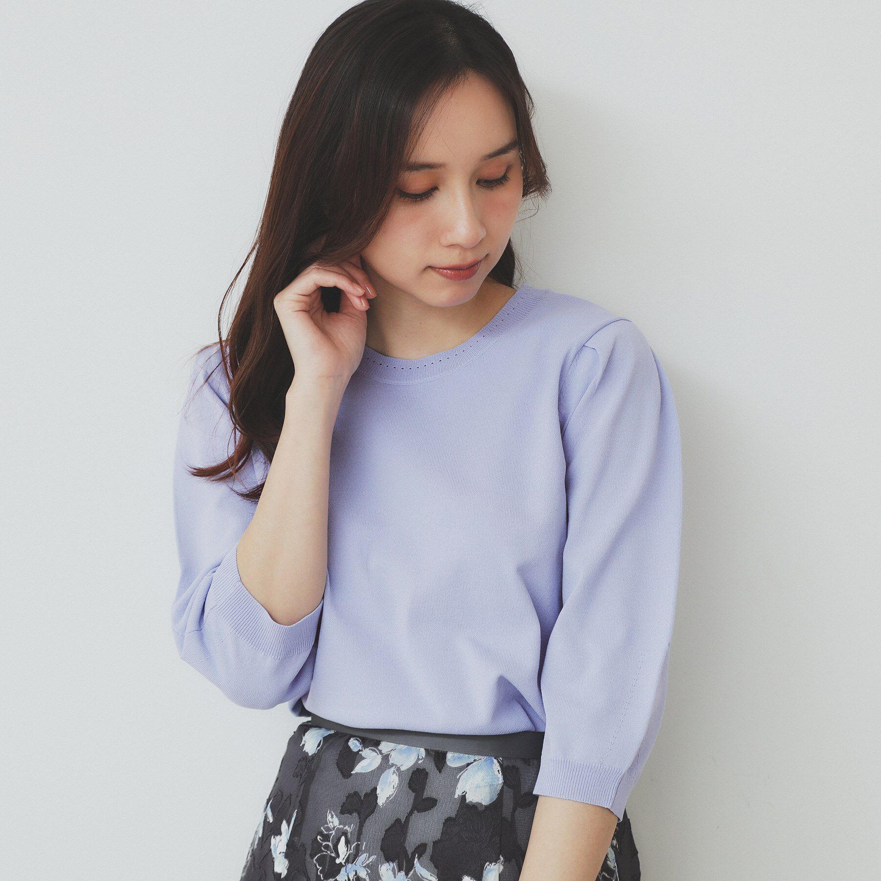 index「《7色展開/XS-LLサイズ》クルーネックデザインスリーブニット【洗濯機洗い可】」|ニット・セーター|ブルー(091)