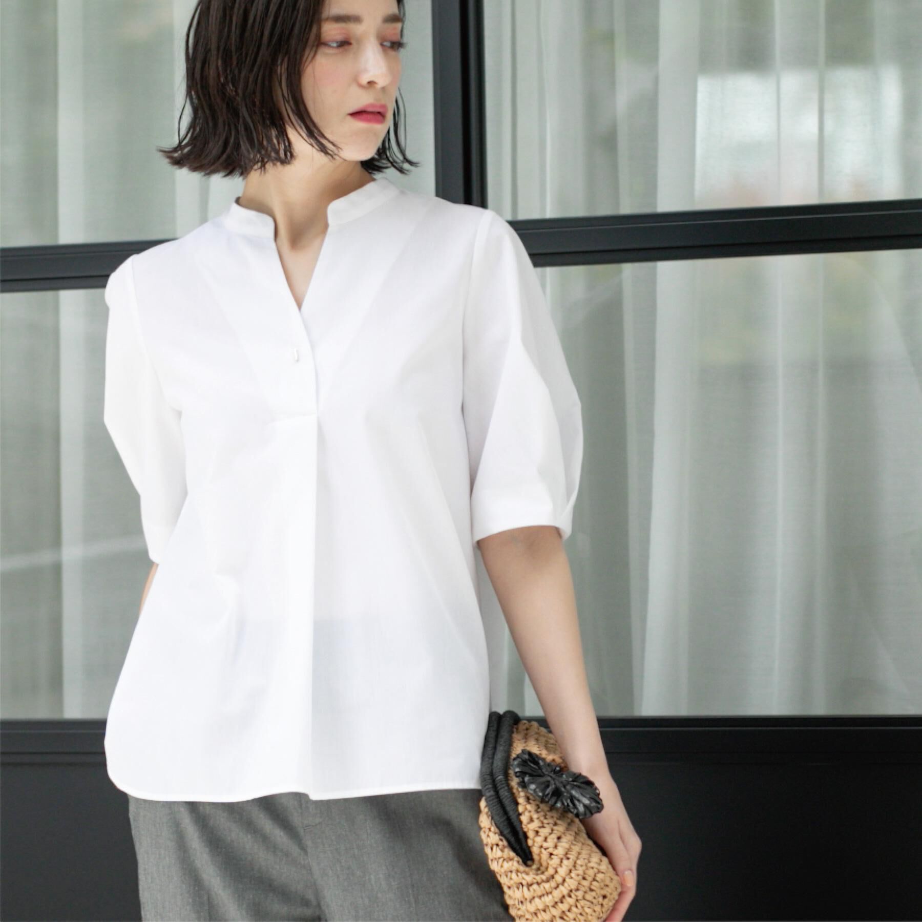 OPAQUE.CLIP「スキッパータックスリーブブラウス【洗濯機洗い可】」|シャツ・ブラウス|ホワイト(001)
