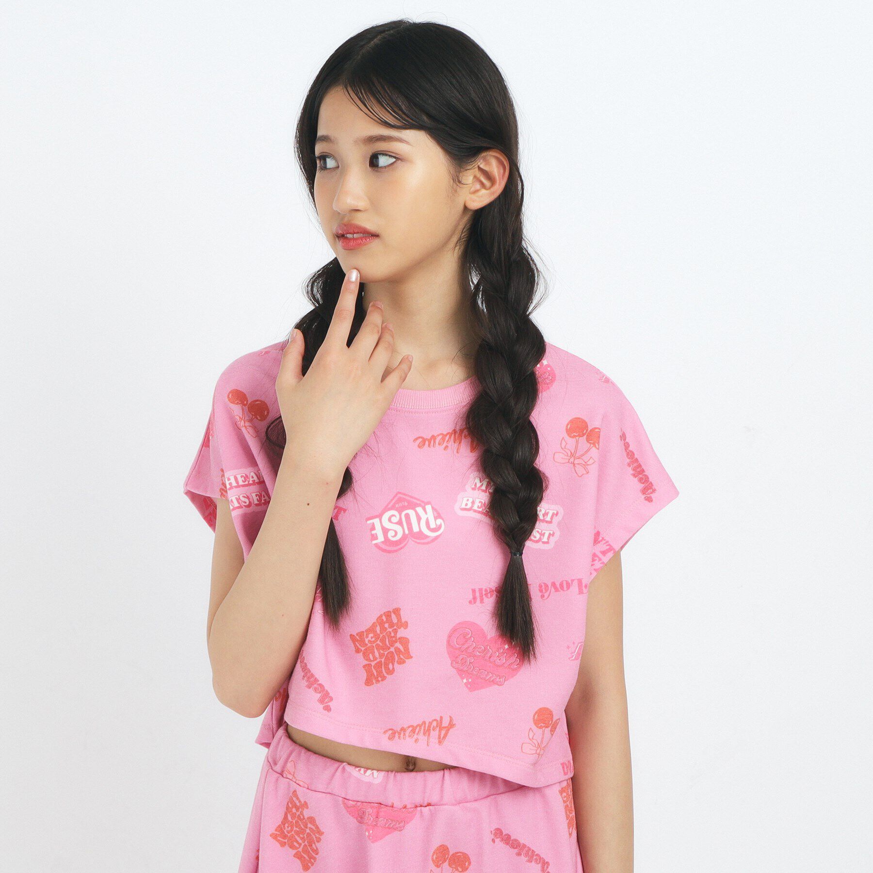 PINK-latte「【るーつくコラボ】総柄プリントフレンチスリーブプルオーバー」|Tシャツ・カットソー|