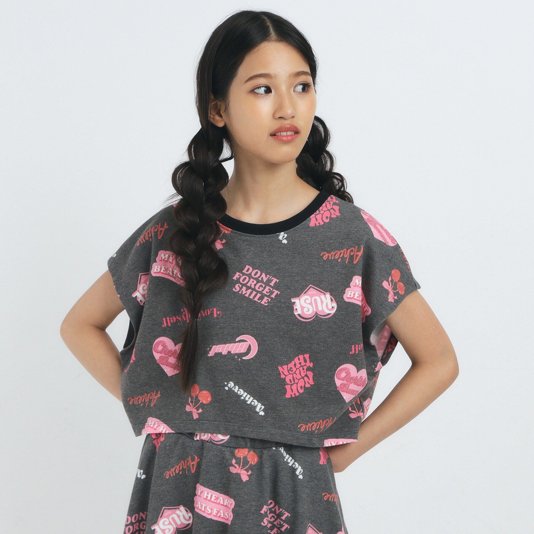 PINK-latte「【るーつくコラボ】総柄プリントフレンチスリーブプルオーバー」|Tシャツ・カットソー|