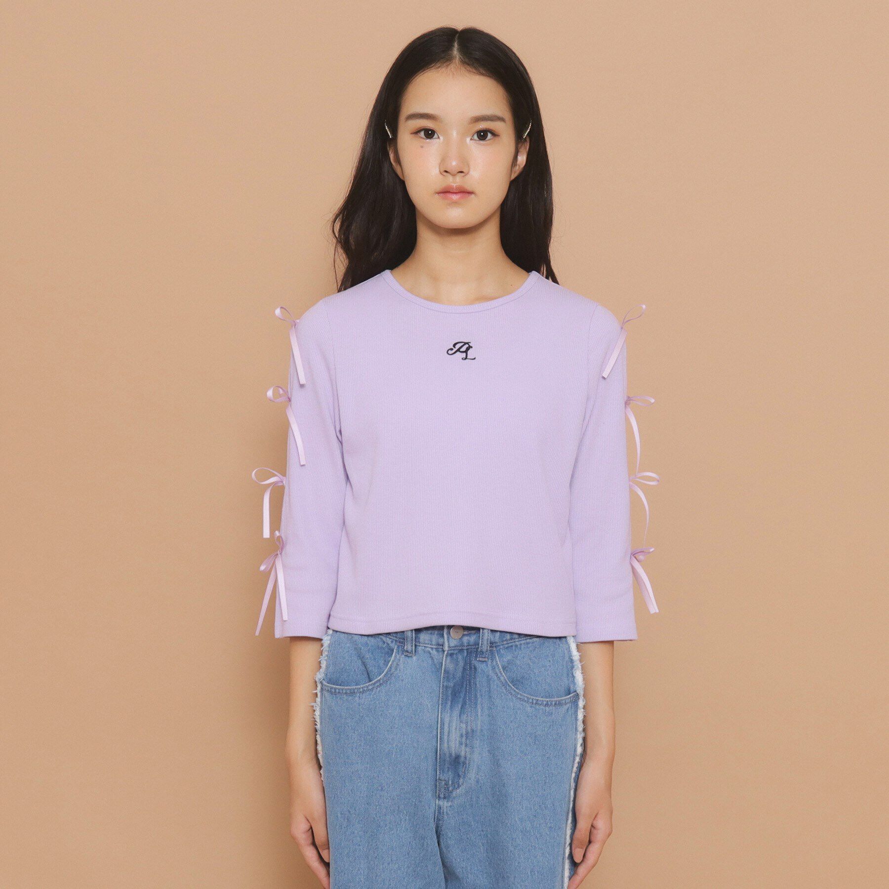 PINK-latte「【130cmあり】リボン袖ショート丈プルオーバー」|Tシャツ・カットソー|