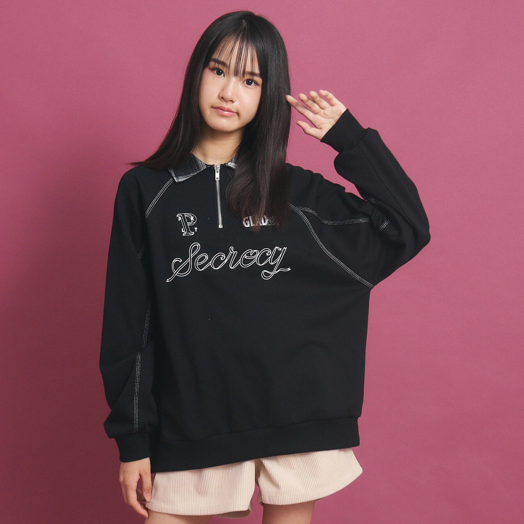 PINK-latte「ビックシルエット ハーフジップ」|Tシャツ・カットソー|ブラック(019)