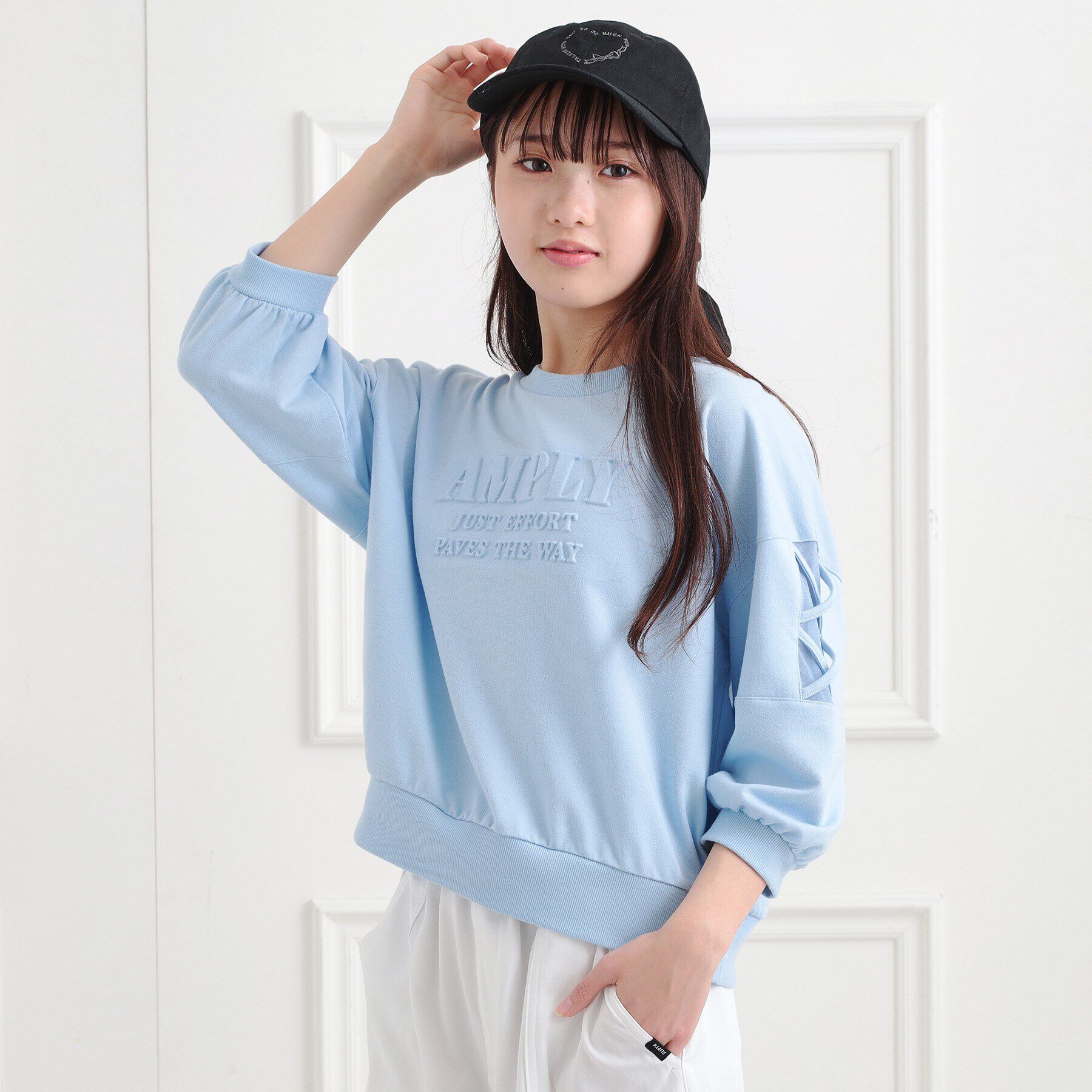 PINK-latte「エンボス七分袖Tシャツ」|Tシャツ・カットソー|ブルー(091)