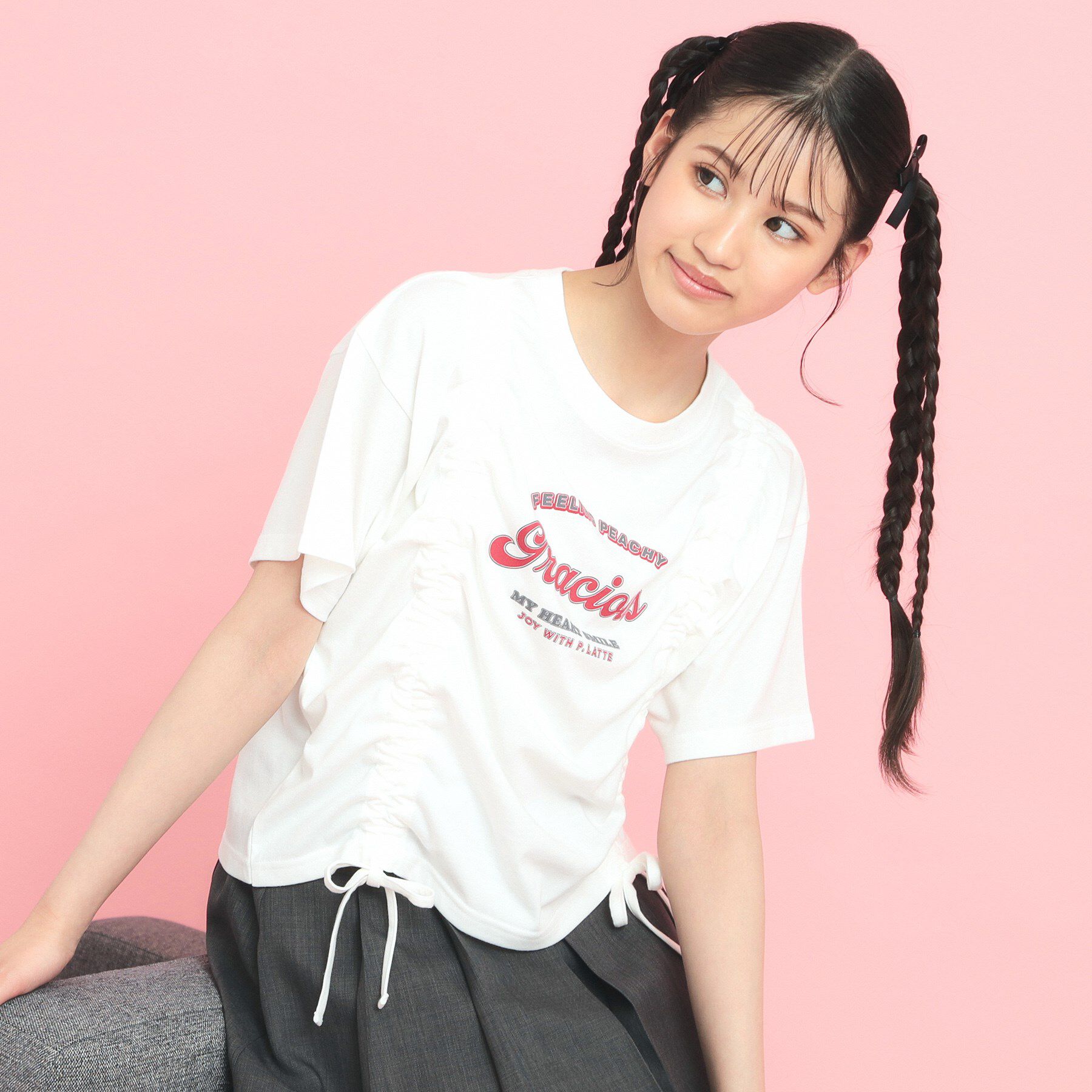 PINK-latte「フロントドロストリボンTシャツ」|Tシャツ・カットソー|オフホワイト(003