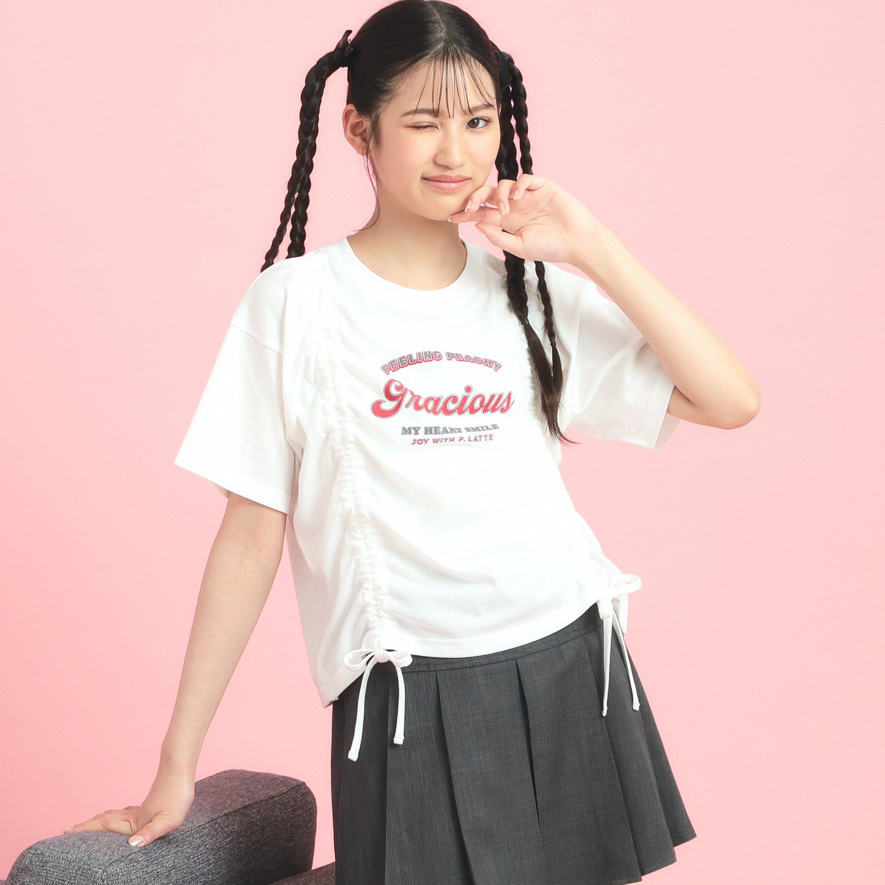 PINK-latte「フロントドロストリボンTシャツ」|Tシャツ・カットソー|