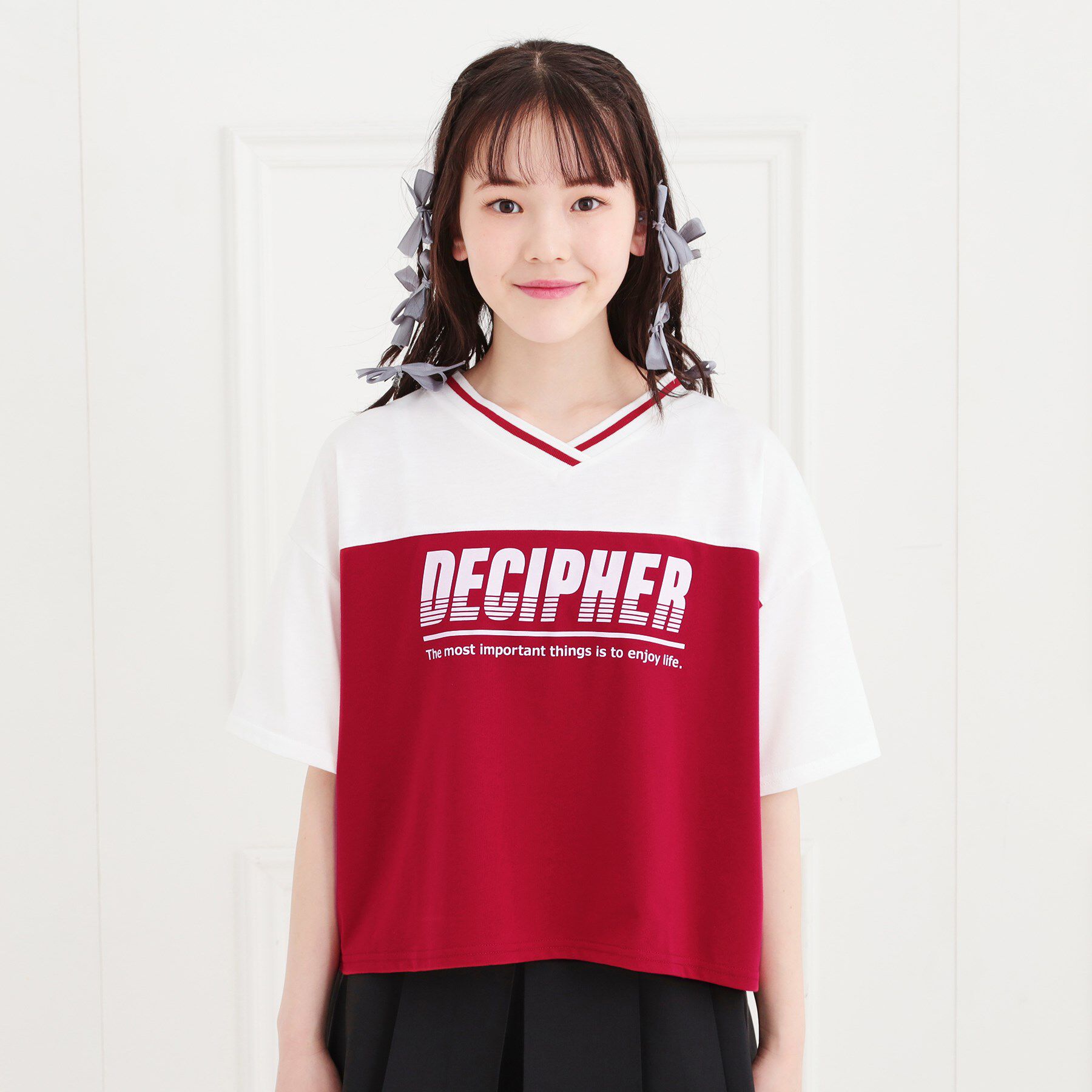 PINK-latte「Vネック切替Tシャツ」|Tシャツ・カットソー|