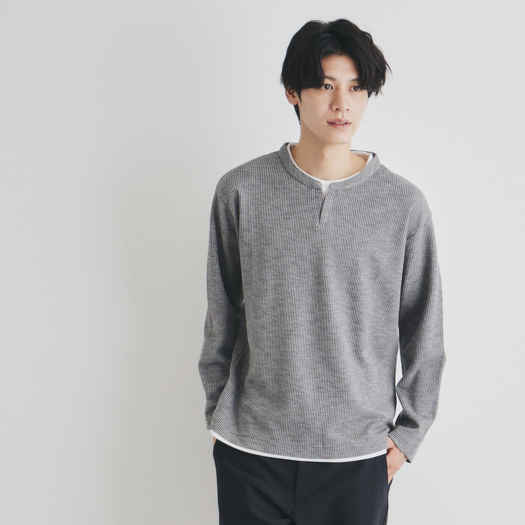 THE SHOP TK「スラブワッフルフェイクレイヤード長袖Tシャツ」|Tシャツ・カットソー|グレー(012)