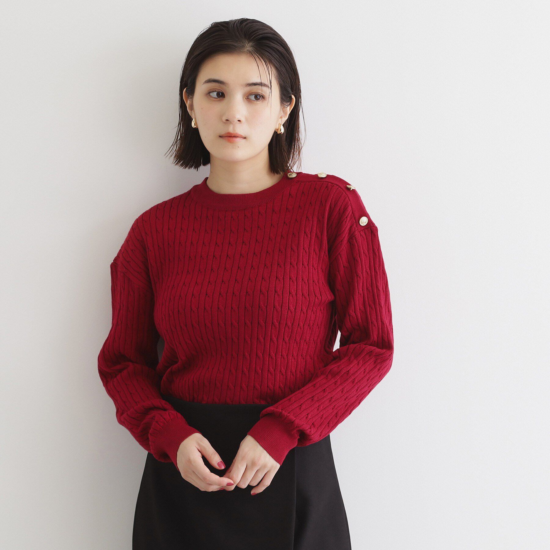THE SHOP TK「リブケーブル金ボタンニット【洗濯機OK】」|ニット・セーター|レッド(063)