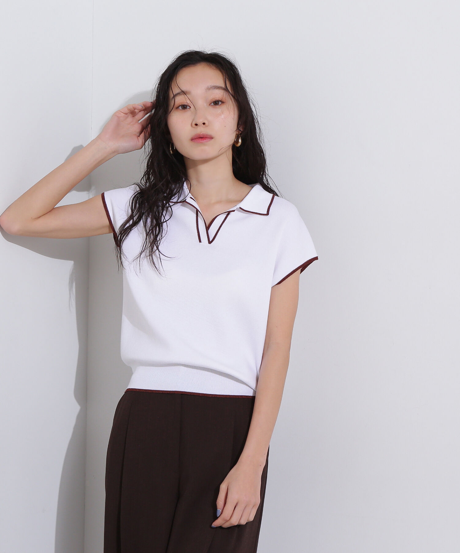  「ラメラインスキッパーポロニット」|ニット・セーター|オフ1