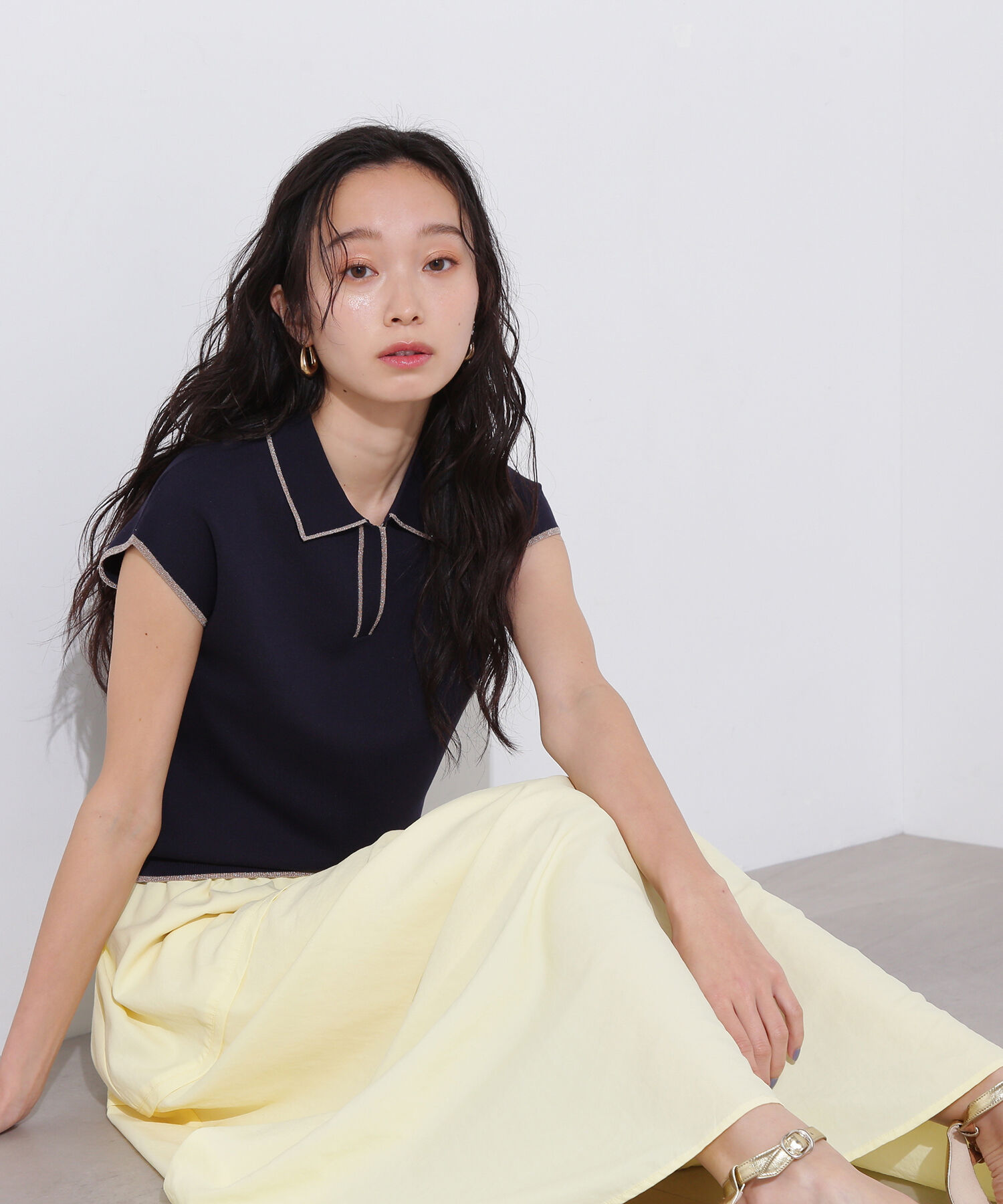  「ラメラインスキッパーポロニット」|ニット・セーター|ネイビー