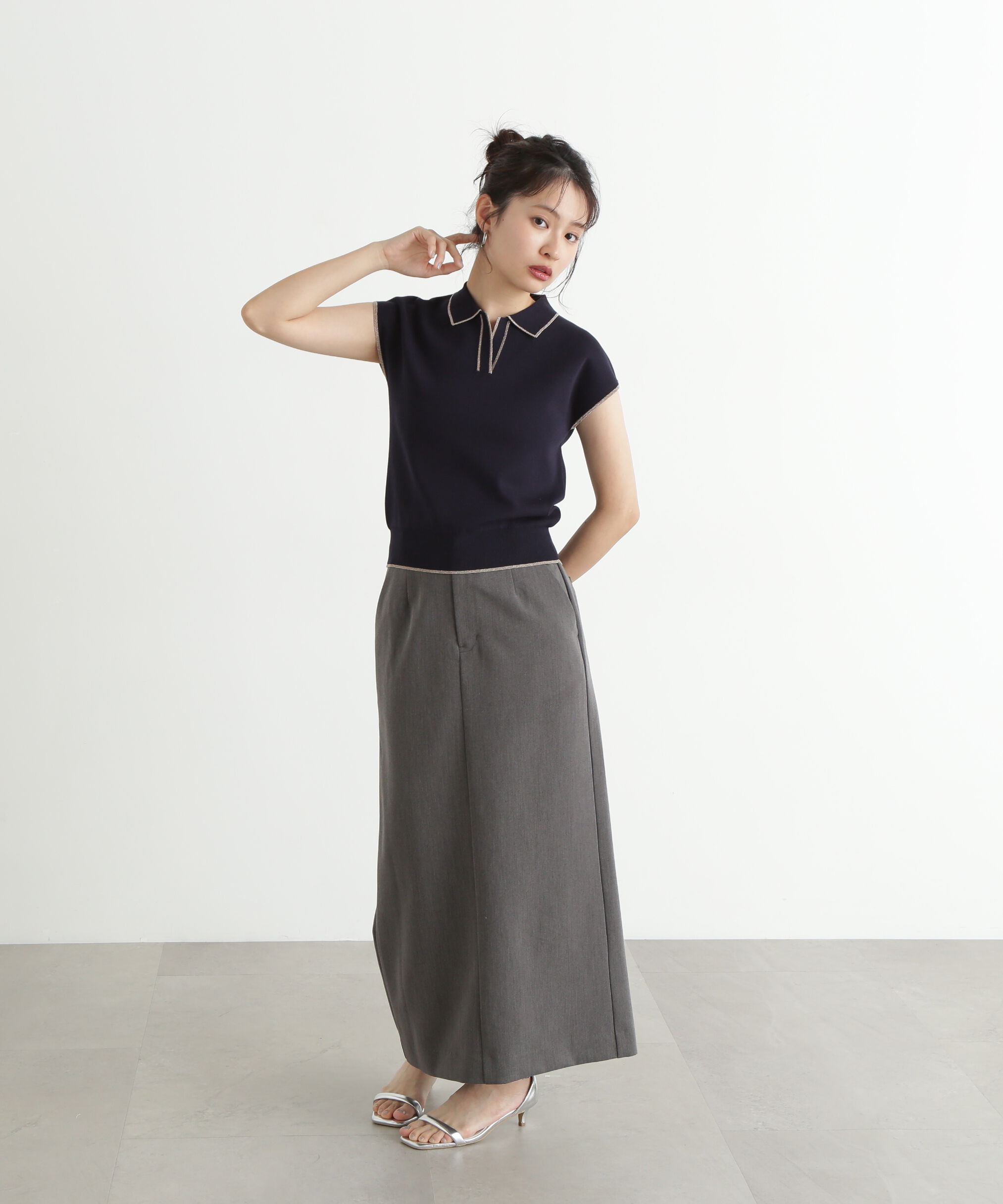  「ラメラインスキッパーポロニット」|ニット・セーター|