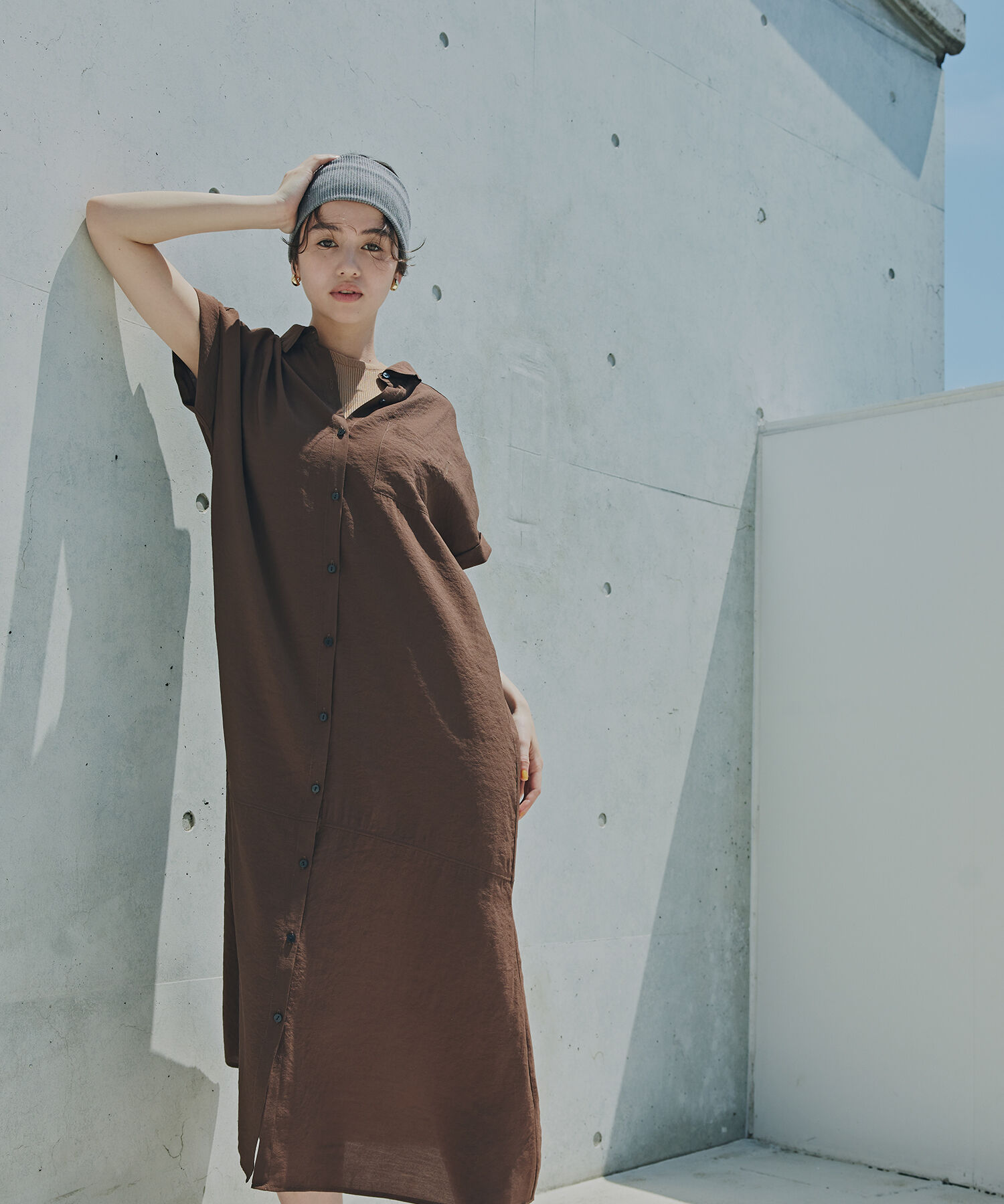  「配色ボタンシャツワンピース」|ワンピース|ブラウン