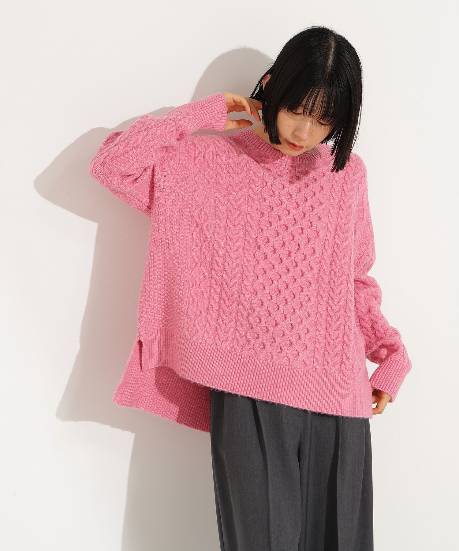  「ベーシックケーブルニット」|ニット・セーター|ピンク