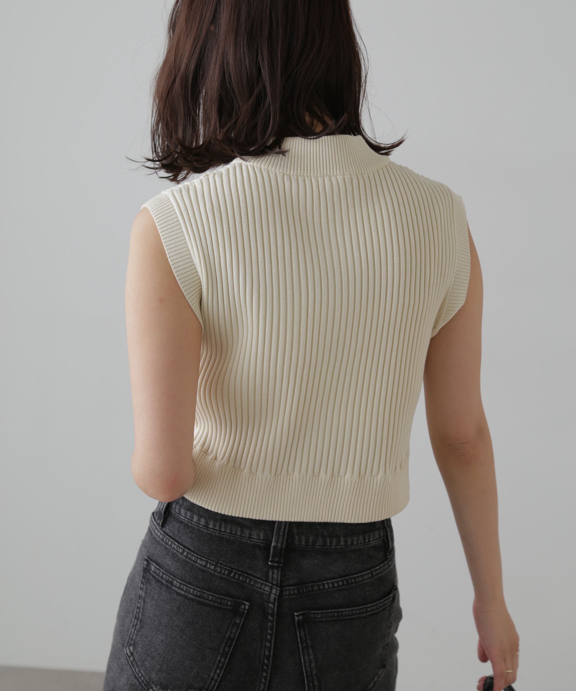  「バイカースタンド配色リブニットベスト」|ニット・セーター|