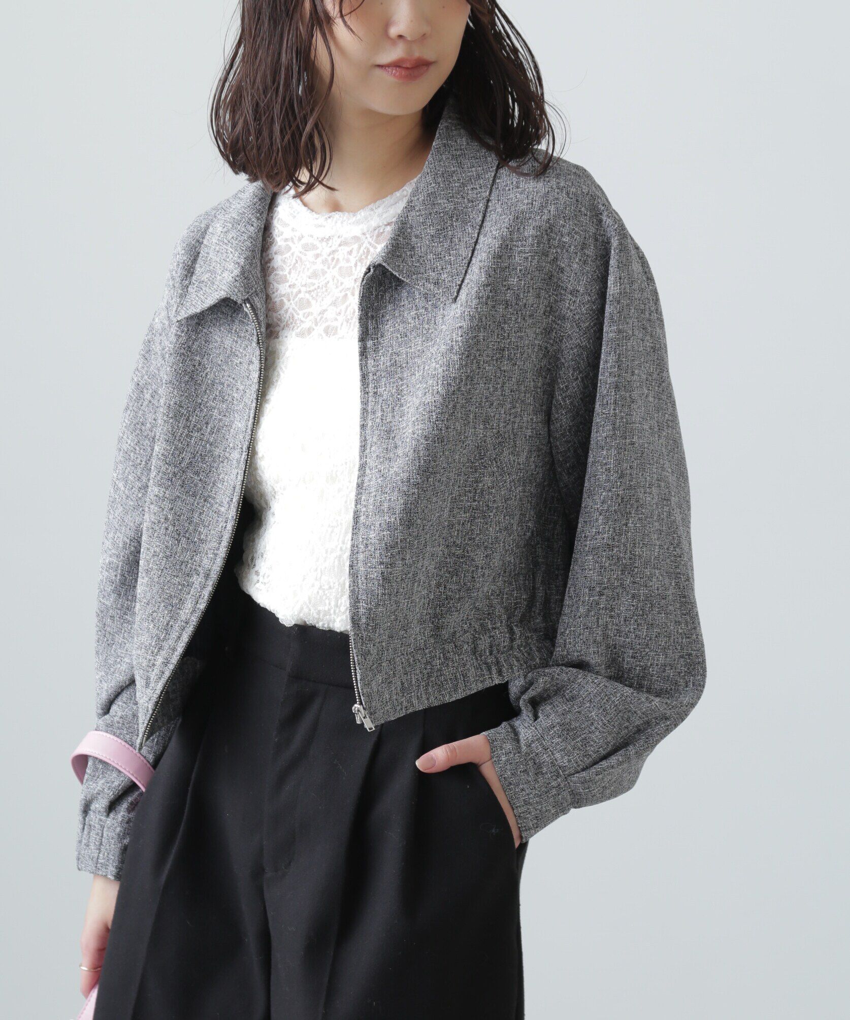  「ツイードジップブルゾン」|ブルゾン・スタジャン|ブラック