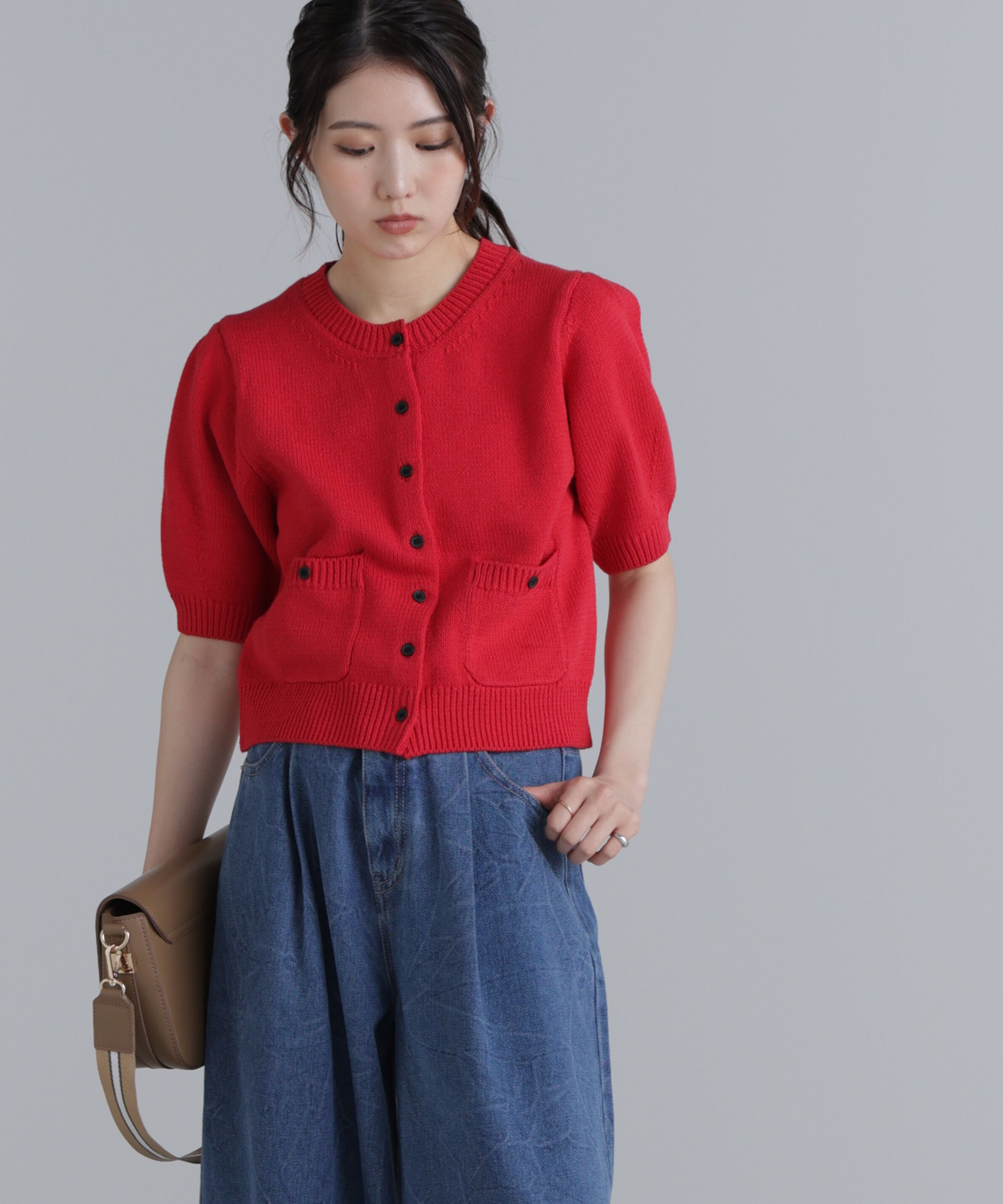  「フロントポケット半袖カーディガン」|ニット・セーター|