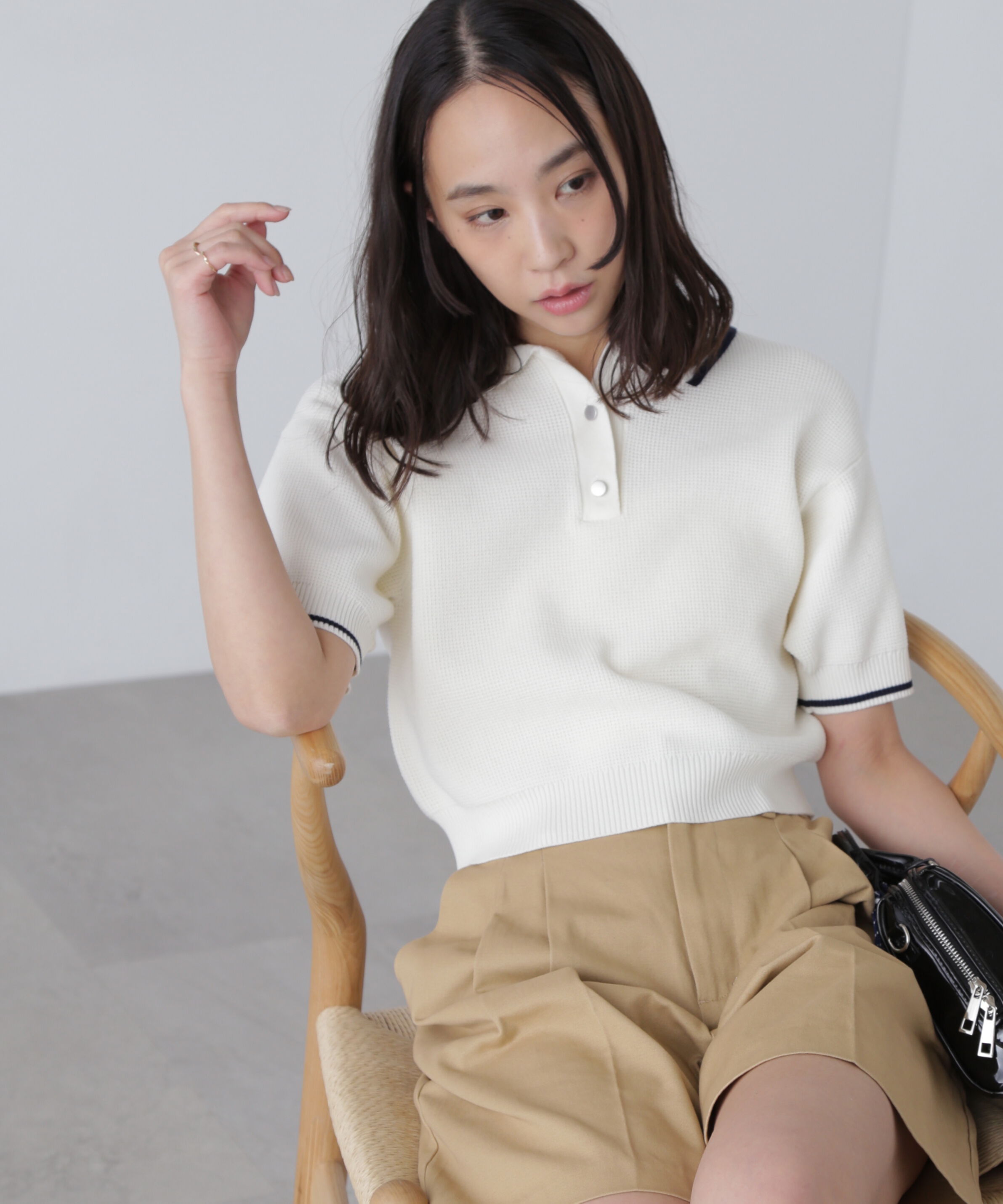  「配色ラインニットポロ」|ニット・セーター|ホワイト