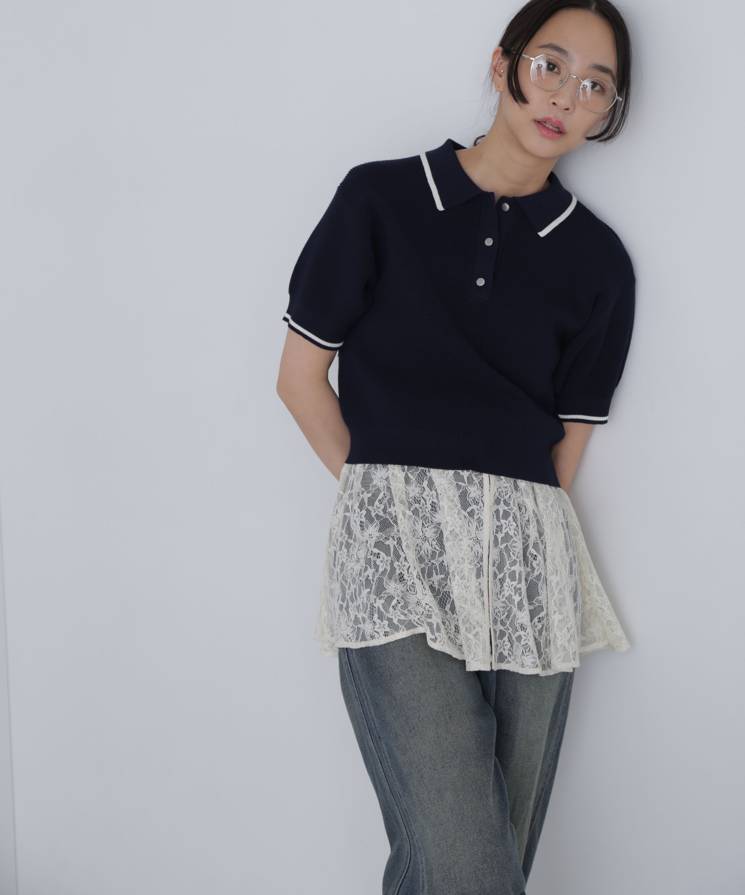  「配色ラインニットポロ」|ニット・セーター|