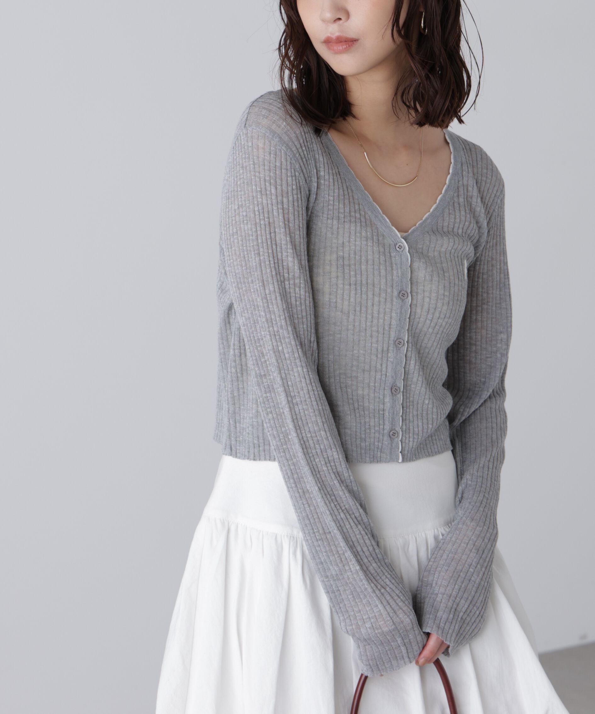  「配色ラインスカラップシアーリブカーディガン」|ニット・セーター|