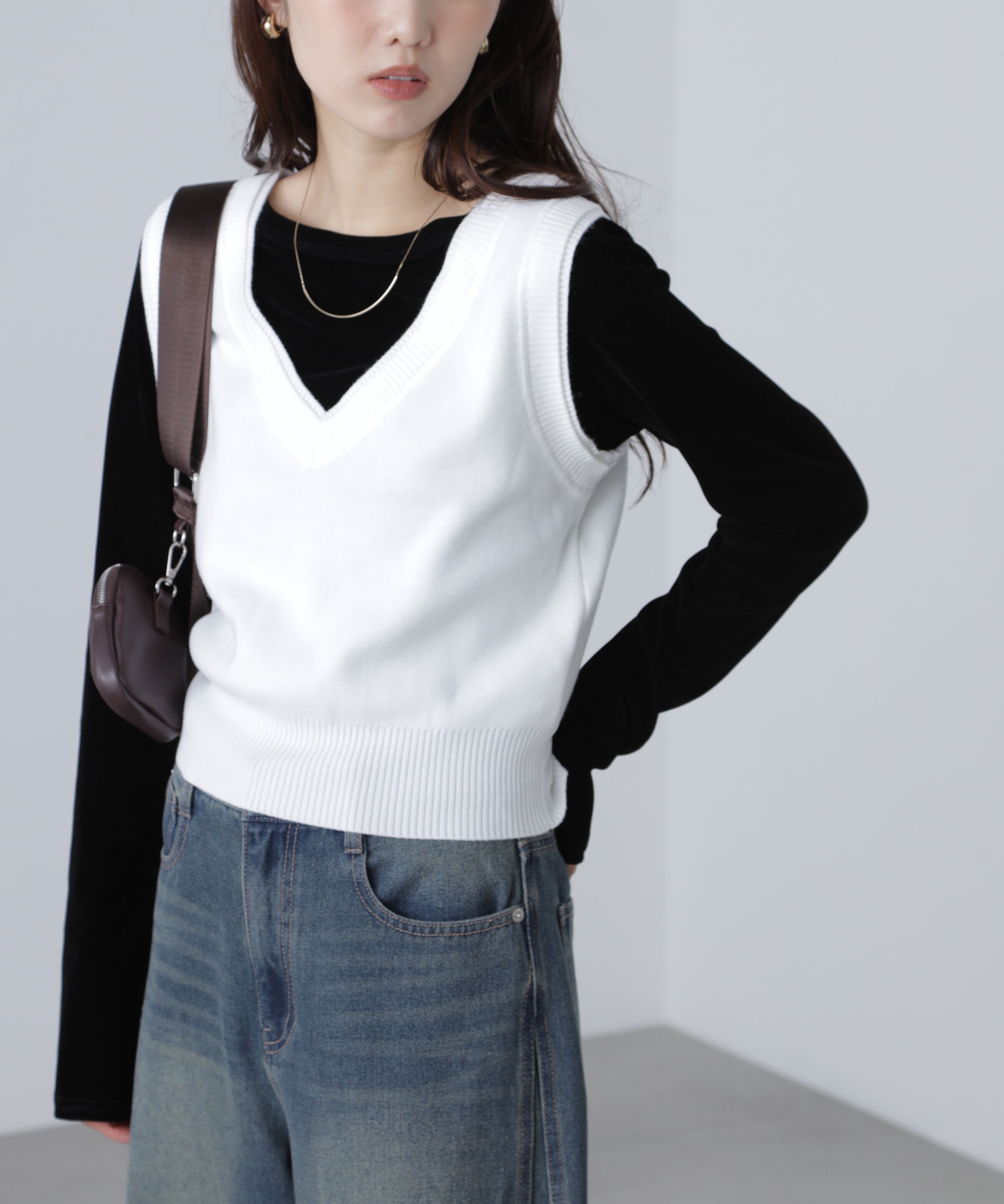  「レイヤードネック前後2WAYニットベスト」|ニット・セーター|