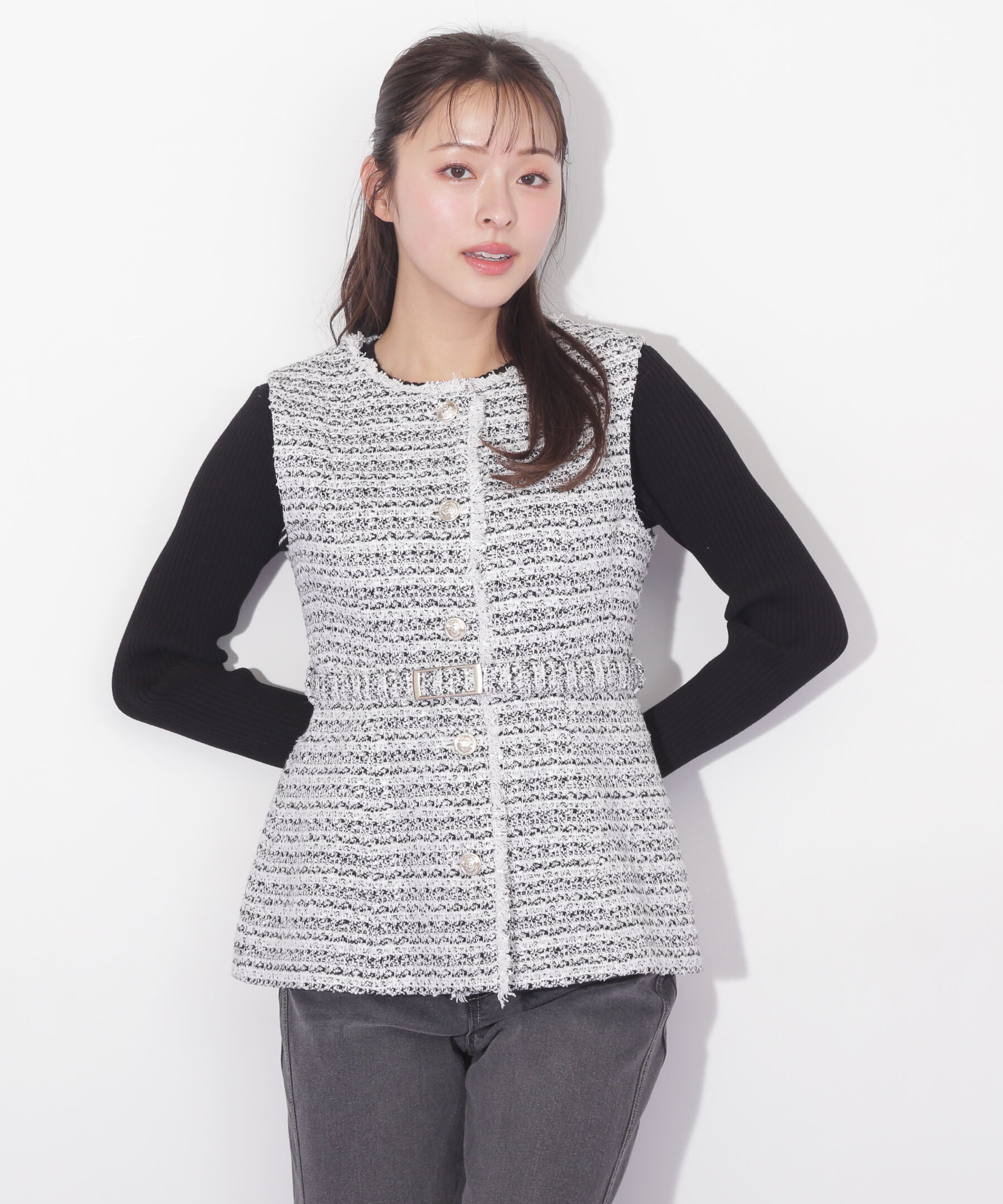  「ベルト付きノーカラージレ」|その他|ブラック