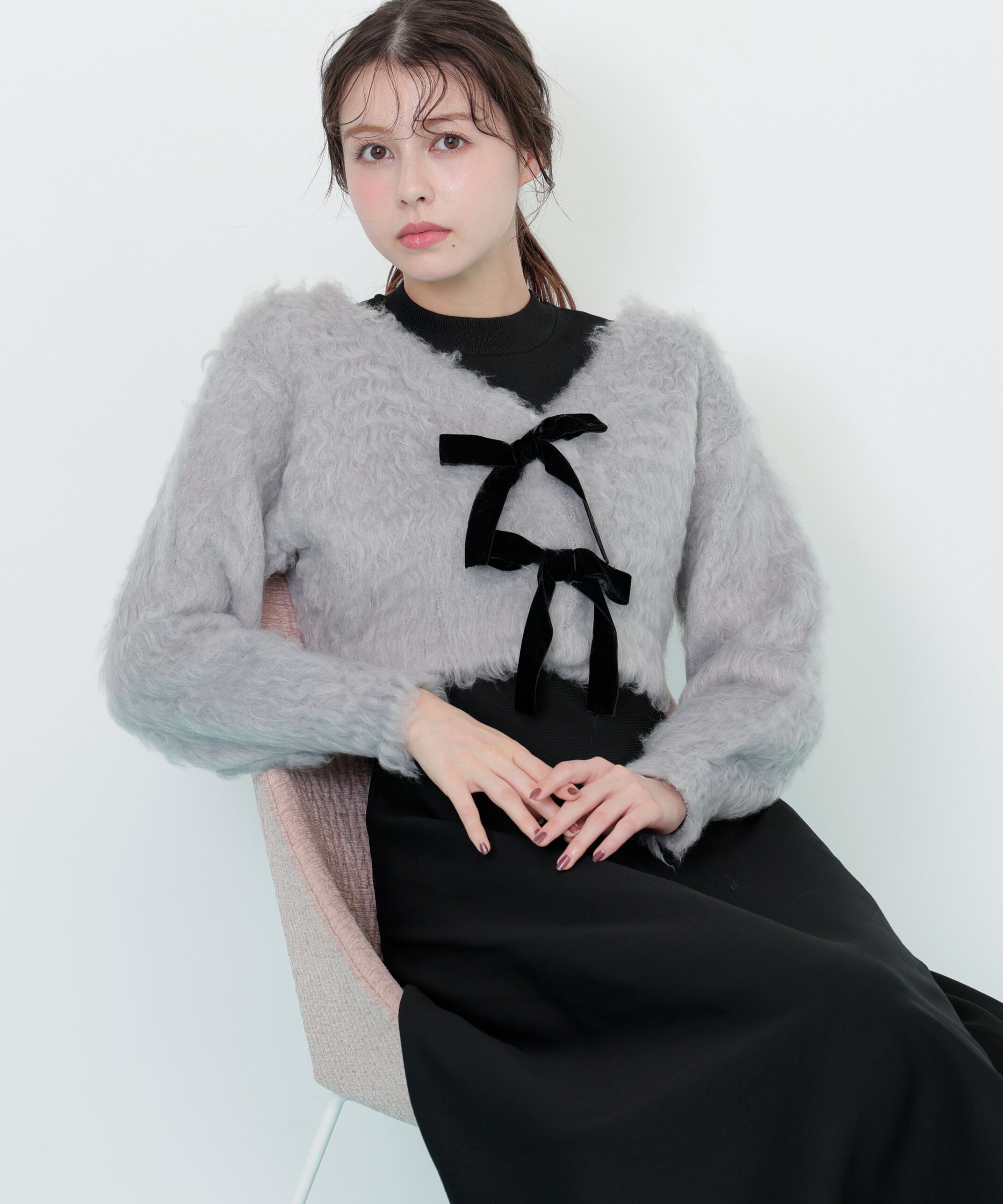  「起毛カーデニットワンピースセット」|ワンピース|ブラック