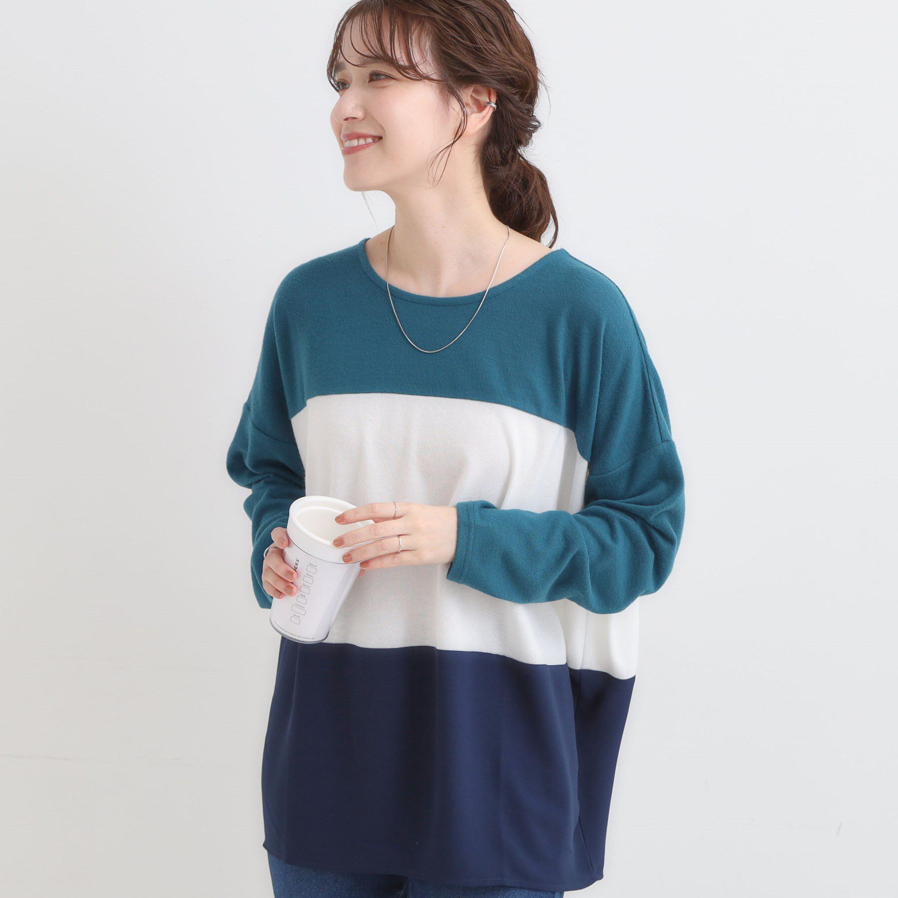 SHOO･LA･RUE「【S-LL】インしないで着られる 3段切り替えトップス」|Tシャツ・カットソー|ブルーグリーン(59