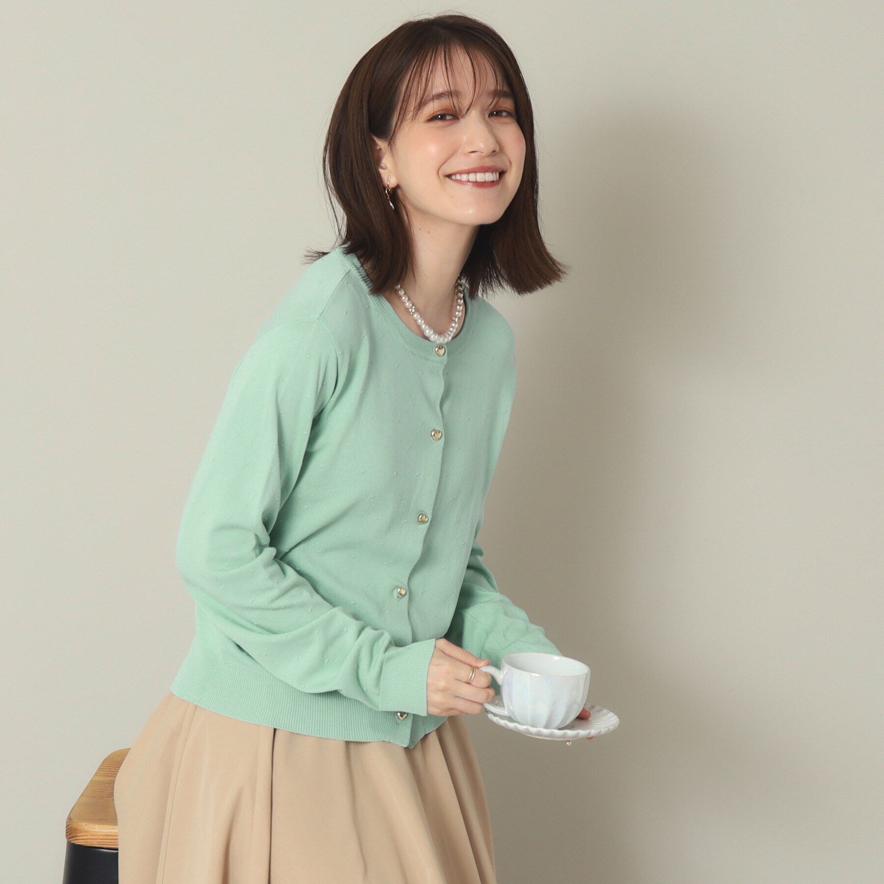 ITS&rsquo;DEMO「【手洗い可／アンチピリング】ハートボタンドットカーデ」|カーディガン|ミントグリーン(02