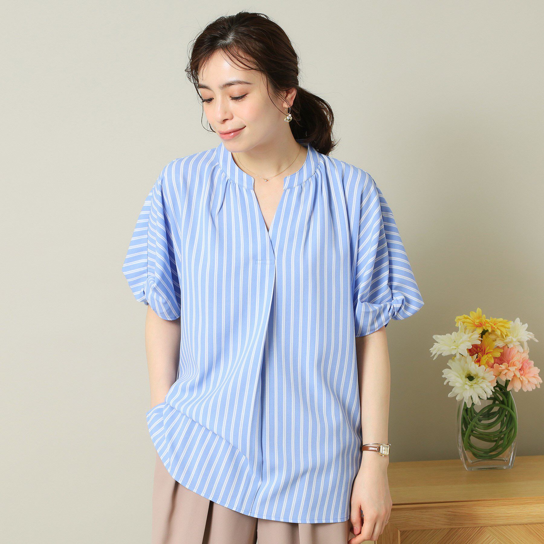 ITS&rsquo;DEMO「【UVケア/吸水速乾/洗濯機OK/冷感】麻調合繊チュニックブラウス＜ラク服シリーズ＞」|シャツ・ブラウス|サックスブルー(39