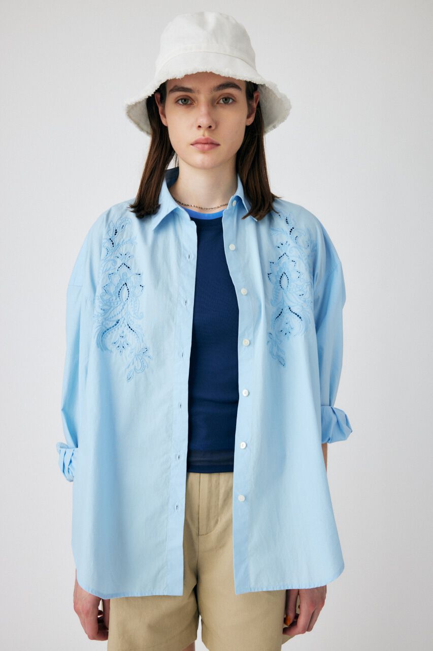 MOUSSY「EMBROIDERY POPLIN LOOSE シャツ」|シャツ・ブラウス|L/BLU1