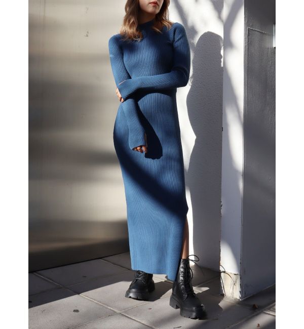EVRIS「バックオープンリブロングニットワンピース」|ワンピース|ブルー