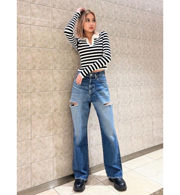 GYDA「【TINY】ハイウエストBOTH SIDE RIPPEDストレートワイドデニムパンツ」|デニム|