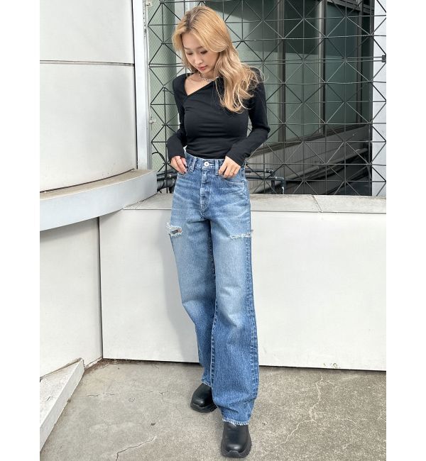 GYDA「【TINY】ハイウエストBOTH SIDE RIPPEDストレートワイドデニムパンツ」|デニム|